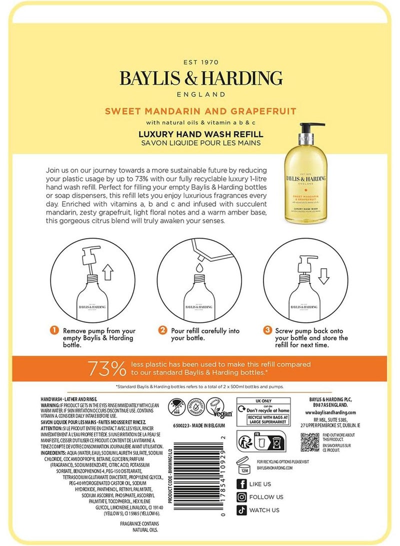 Baylis & Harding Sweet Mandarin and Grapefruit Hand Wash Refill Pouch, 1 Litre | Enriched with Natural Oils and Vitamins A, B and C | Moisturising and Nourishing Liquid Hand Soap | Vegan and Cruelty-Free | Eco Refill Pack - Image 5