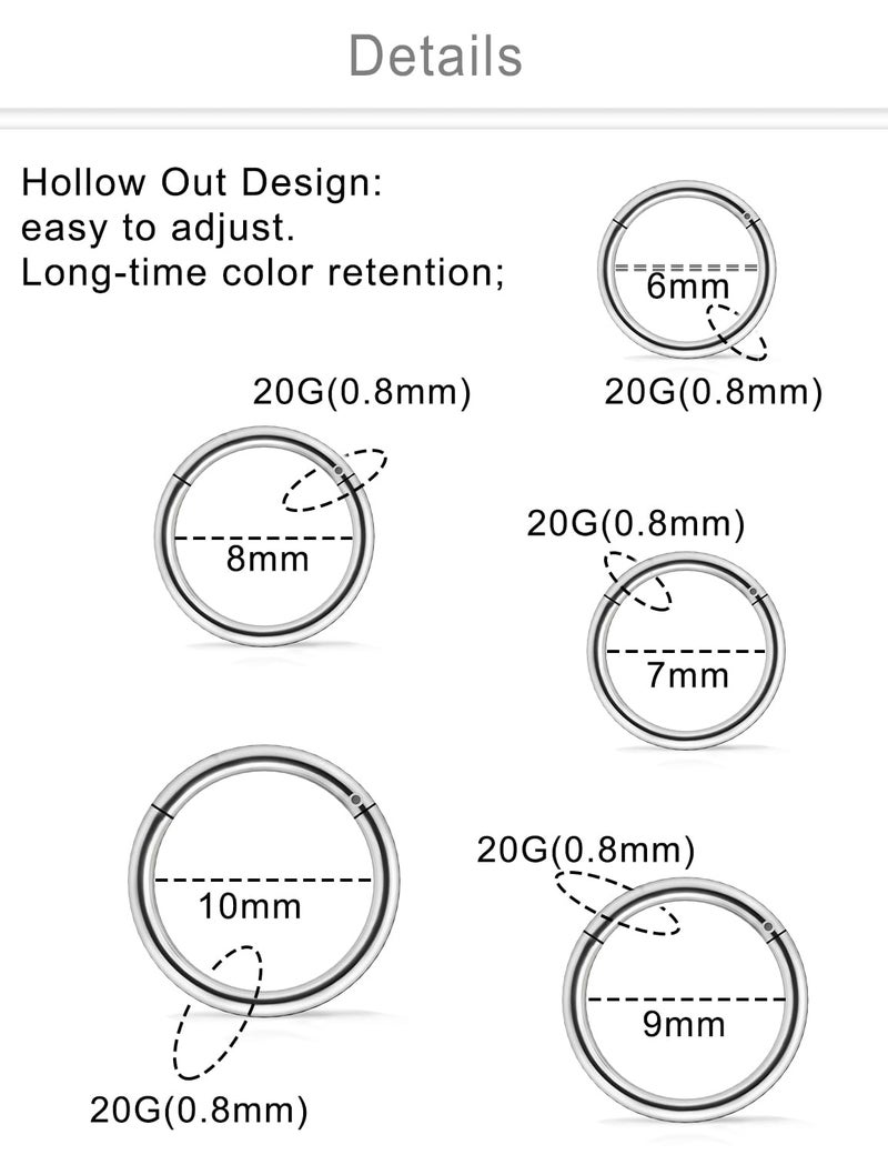 Dyknasz 10PCS 20G Surgical Steel Hinged Clicker Segment Nose Rings Hoops Septum Lip Ring Hoop Cartilage Tragus Helix Sleeper Earrings Piercing Jewelry for Women Men 6mm 7mm 8mm 9mm 10mm Silver-tone - Image 2