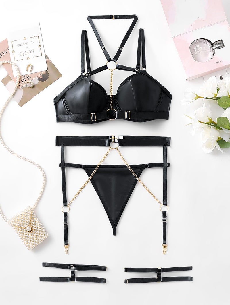 Lilosy Women Sexy Chain Strappy Underwire O Ring Push Up Garter Belt Choker Lingerie Set Latex Harness Bra and Panty 3 Piece Leather Black Medium - Image 4