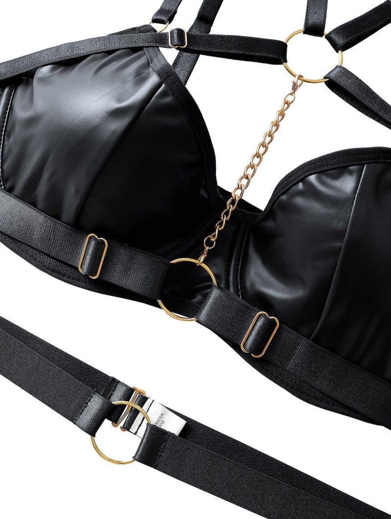 Lilosy Women Sexy Chain Strappy Underwire O Ring Push Up Garter Belt Choker Lingerie Set Latex Harness Bra and Panty 3 Piece Leather Black Medium - Image 2