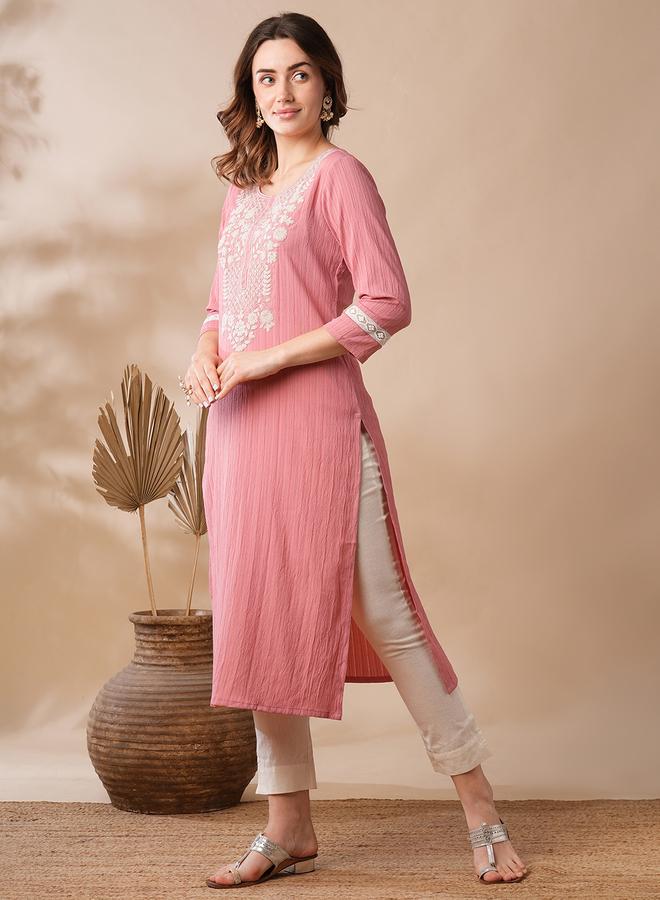Globus Women Pink Sequined Embroidered Straight Kurta - Image 2