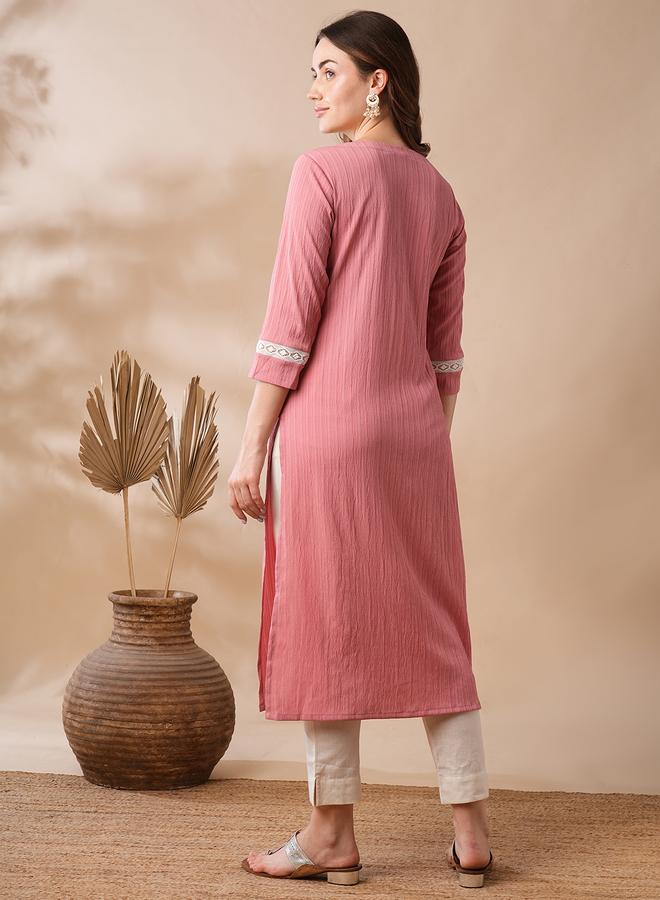 Globus Women Pink Sequined Embroidered Straight Kurta - Image 3