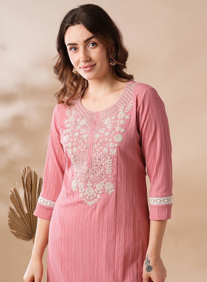 Globus Women Pink Sequined Embroidered Straight Kurta - Image 5