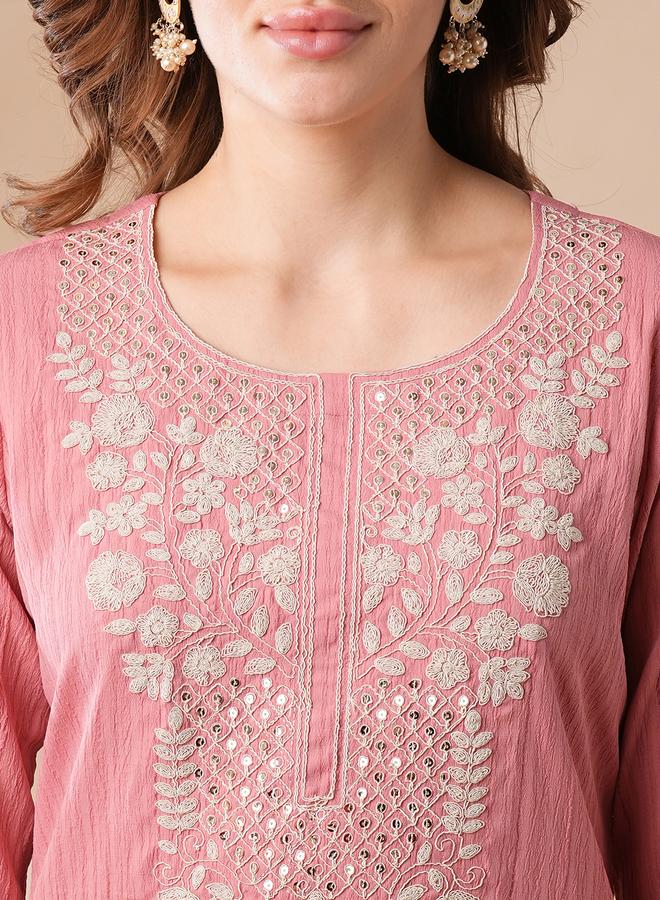 Globus Women Pink Sequined Embroidered Straight Kurta - Image 4