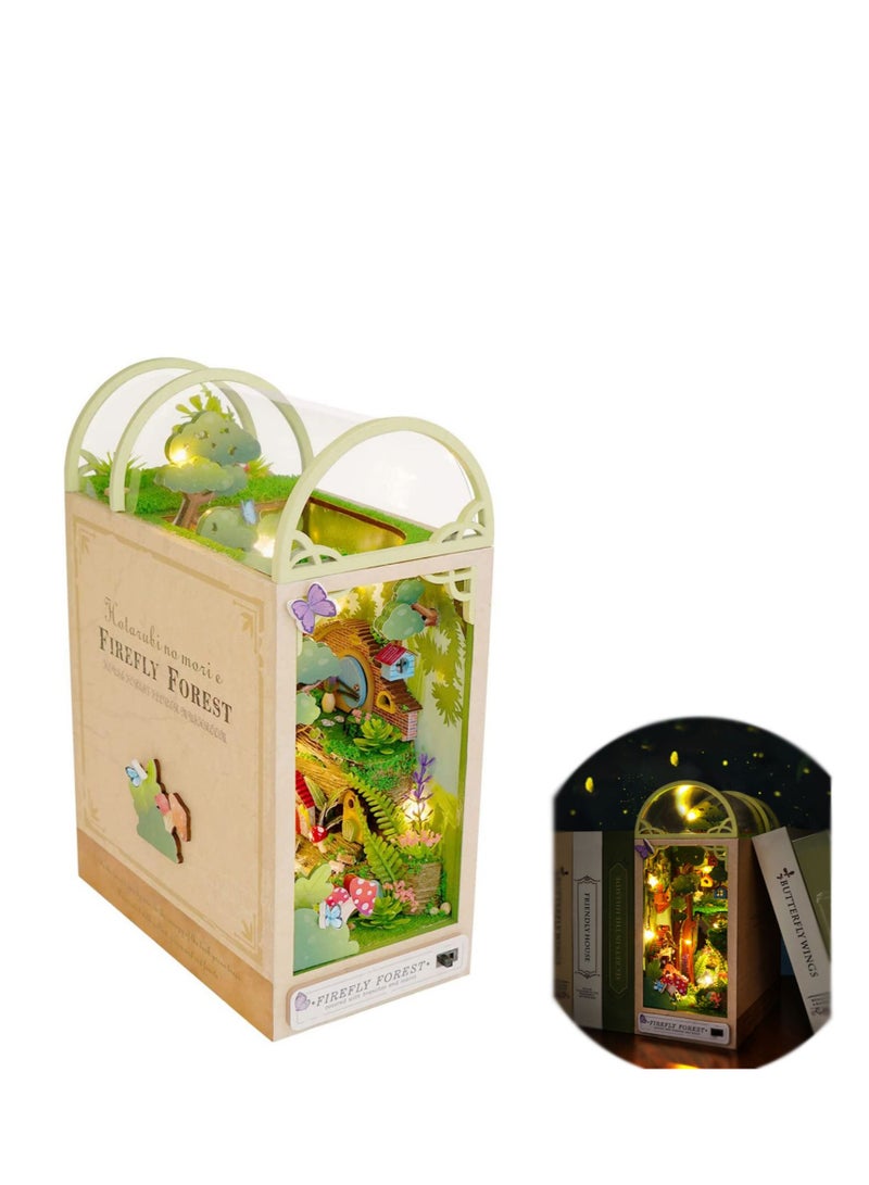 SYOSI DIY Book Nook Kit, DIY Dollhouse Wood Bookend, Booknook Bookshelf Insert, DIY Miniature Dollhouse Kit, Bookends Model Build for Adult, Gift for Birthday Mother's Day, Firefly Forest - Image 1