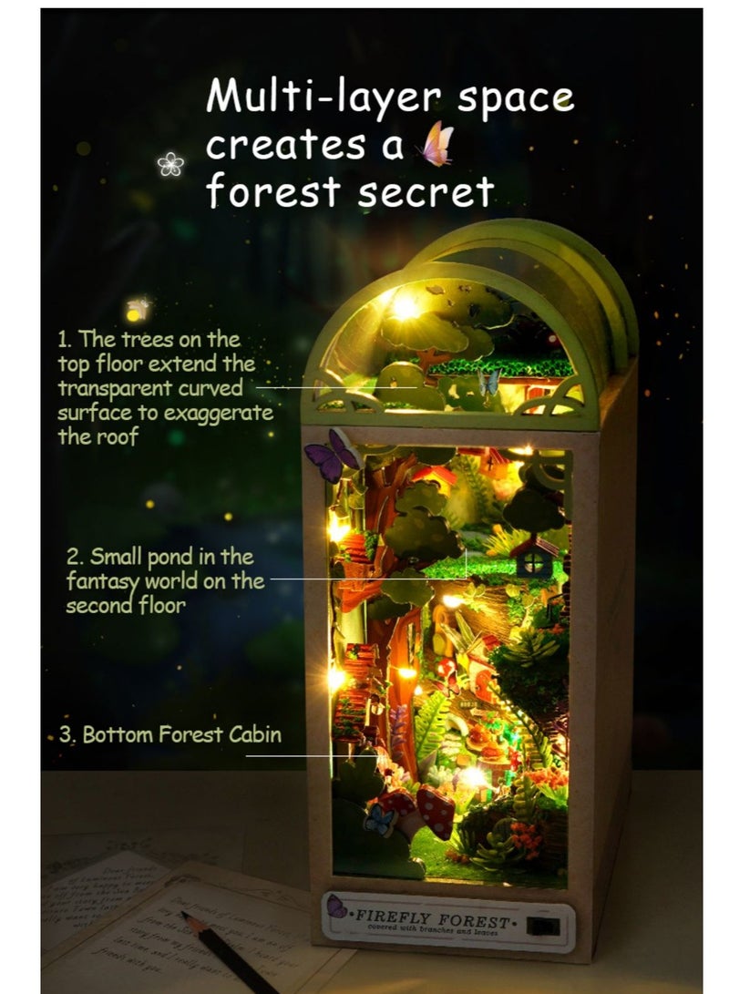 SYOSI DIY Book Nook Kit, DIY Dollhouse Wood Bookend, Booknook Bookshelf Insert, DIY Miniature Dollhouse Kit, Bookends Model Build for Adult, Gift for Birthday Mother's Day, Firefly Forest - Image 3