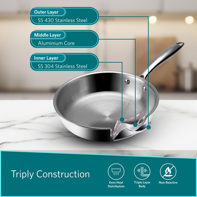 VAYA Hautechef Triply Stainless Steel Frying Pan, 24cm, Non Stick Cookware for Kitchen, Durable Fry Pan, Induction & Gas Compatible, Easy to Clean & Ideal for Everyday Use, 1.7L - Image 2
