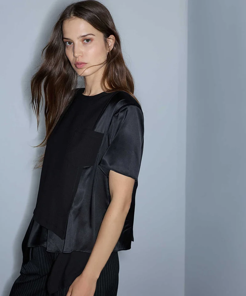 Mixed-Media Shoulder-Pad Blouse