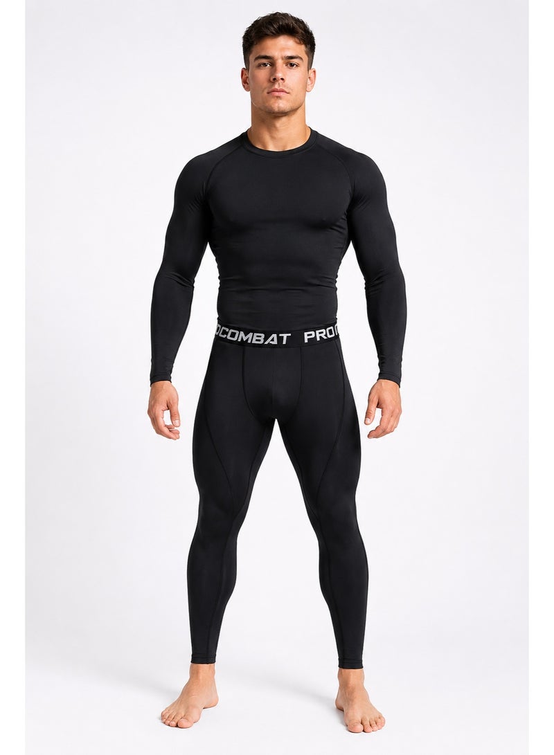 Joychic Elastic Breathable Yoga Running Speed Drying Breathable Training Sports Fitness Long Sleeve Set T-shirt and Pants Black - Image 1