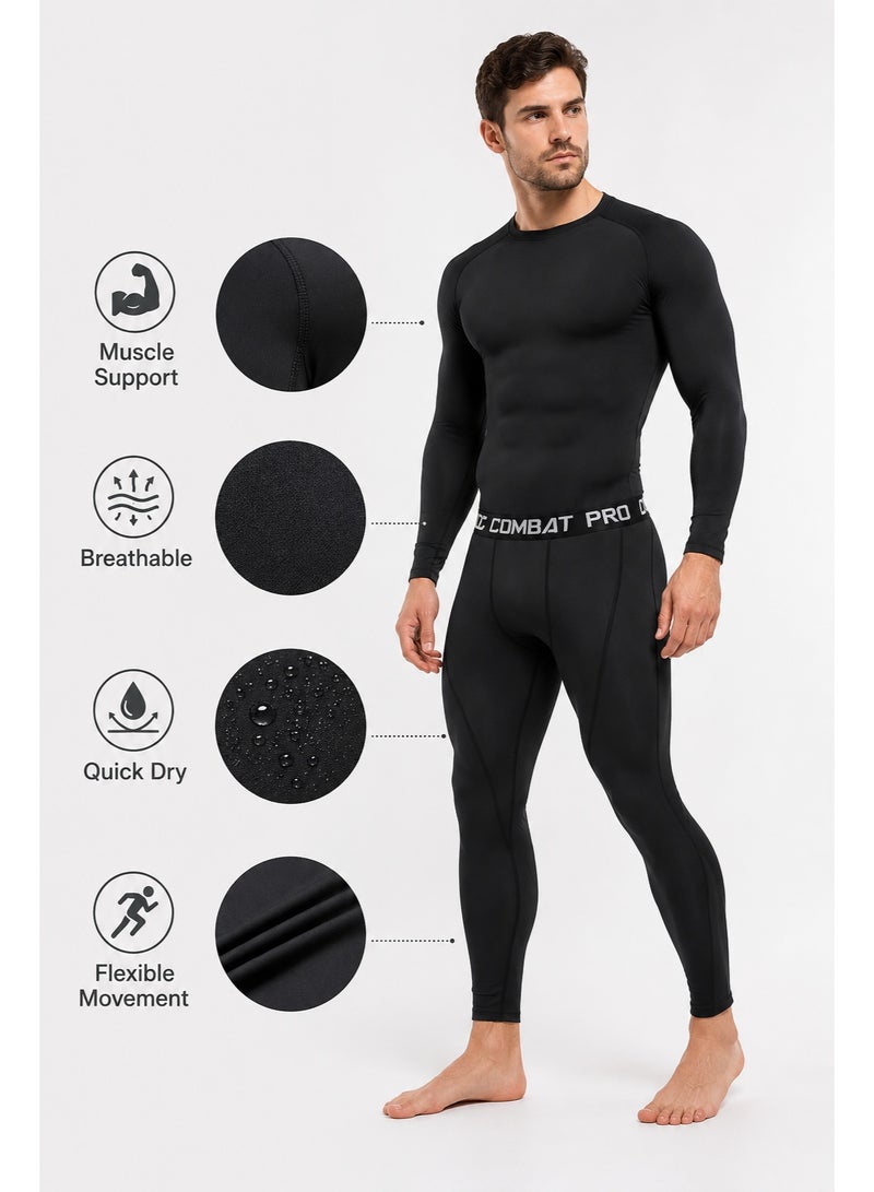 Joychic Elastic Breathable Yoga Running Speed Drying Breathable Training Sports Fitness Long Sleeve Set T-shirt and Pants Black - Image 3