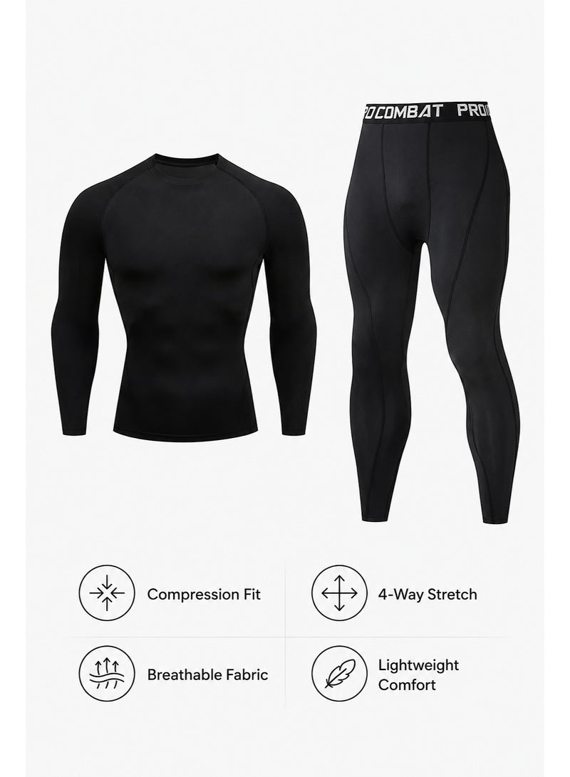 Joychic Elastic Breathable Yoga Running Speed Drying Breathable Training Sports Fitness Long Sleeve Set T-shirt and Pants Black - Image 2
