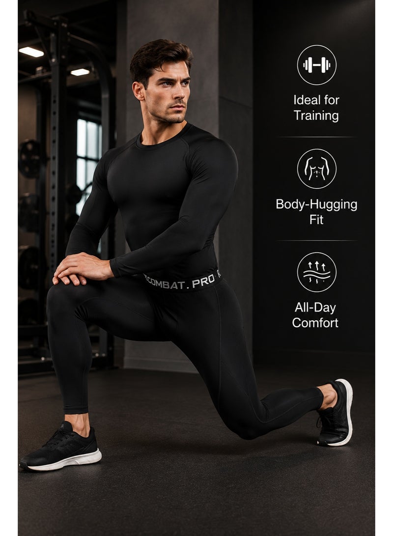 Joychic Elastic Breathable Yoga Running Speed Drying Breathable Training Sports Fitness Long Sleeve Set T-shirt and Pants Black - Image 4