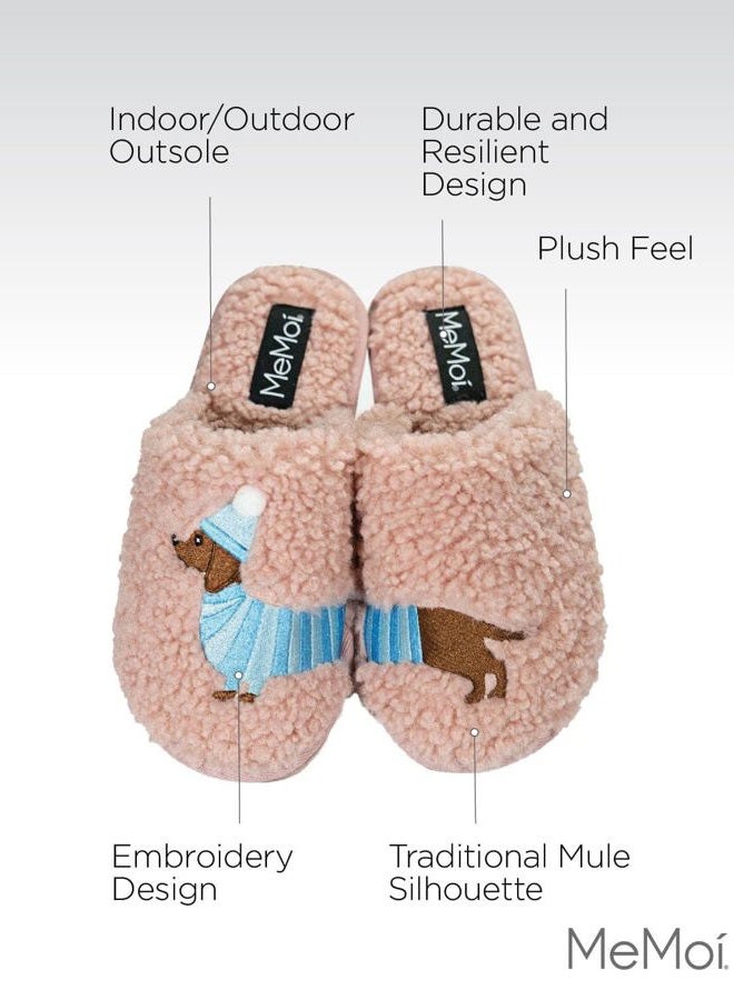 MeMoi Sherpa Plush Dachshund Non-Skid Slippers, Blush Pink, L - Image 3