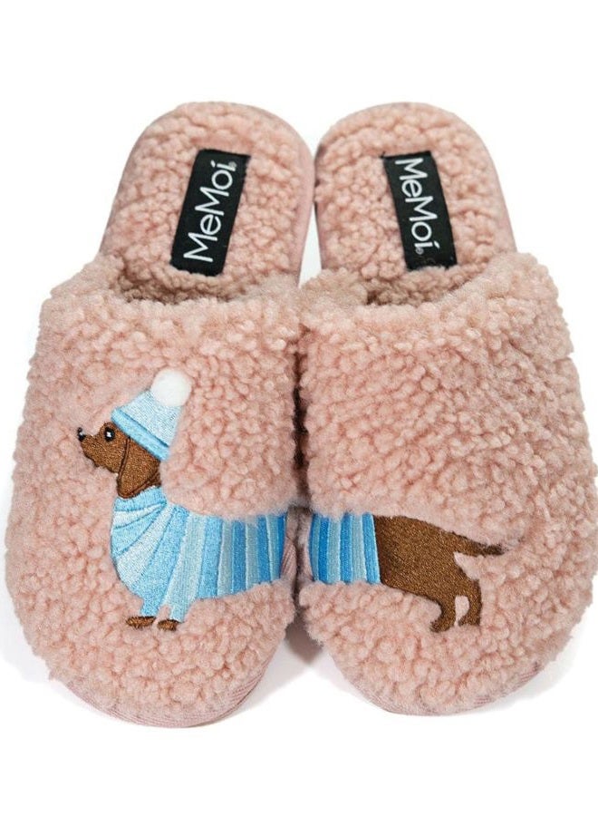 MeMoi Sherpa Plush Dachshund Non-Skid Slippers, Blush Pink, L - Image 1