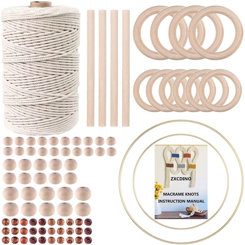 ZXCDINO ZXCDINO 87pcs Macrame Kits for Beginners 3mm x 220yards Natural Cotton Macrame Cord Wall Hanging Kit Macrame Supplies Best for Macrame Plant Hanger with Wooden BeadsWooden Rings