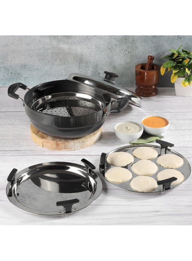 Vinod Hard Anodized 6 pcs Multi Kadai with Stainless Steel Lid, 2 Idli Plates, 2 Dhokla Plates and 1 Patra Plate - Silver (Induction and Gas Stove Friendly) - Image 2