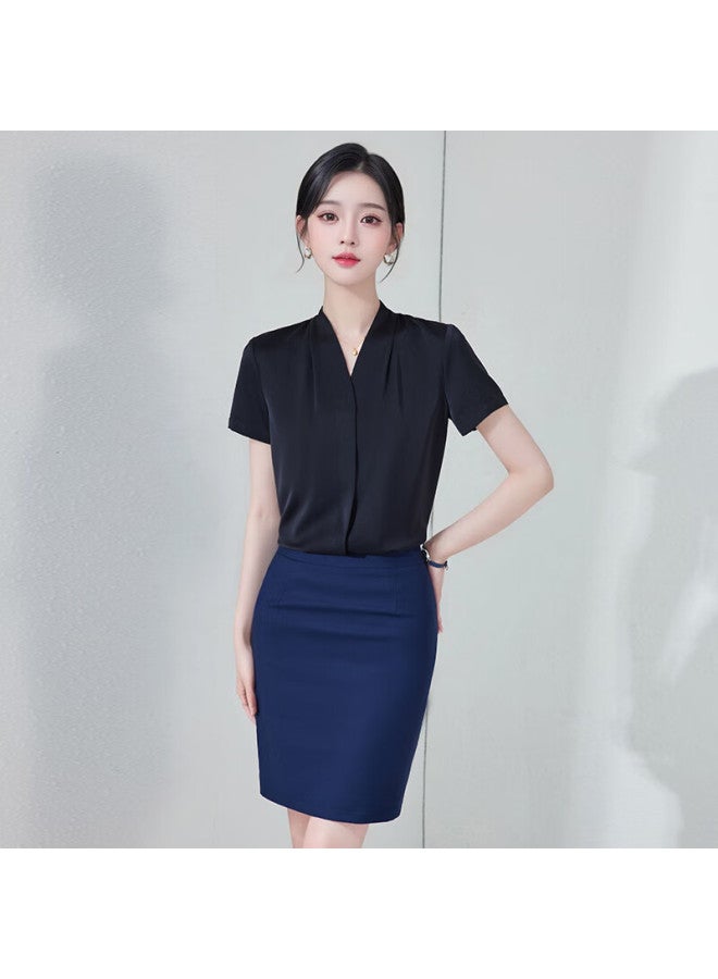 Teluoman Black Chiffon Short-sleeve Blouse For Women, Summer V-neck Professional Attire, Elegant Teaching Certification Outfit, Formal Interview Ol Shirt - Image 5