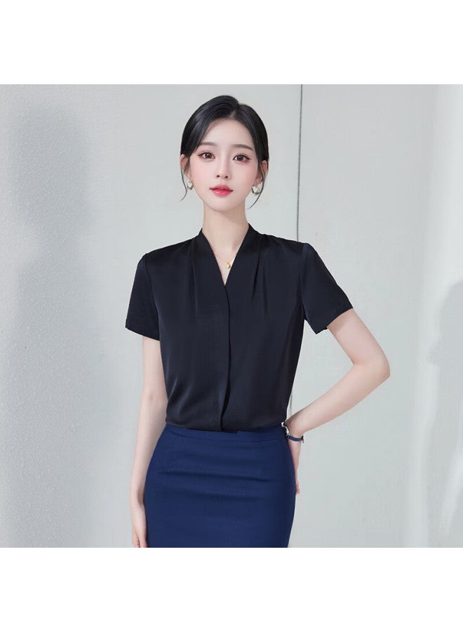 Teluoman Black Chiffon Short-sleeve Blouse For Women, Summer V-neck Professional Attire, Elegant Teaching Certification Outfit, Formal Interview Ol Shirt - Image 1