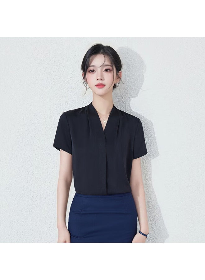 Teluoman Black Chiffon Short-sleeve Blouse For Women, Summer V-neck Professional Attire, Elegant Teaching Certification Outfit, Formal Interview Ol Shirt - Image 2