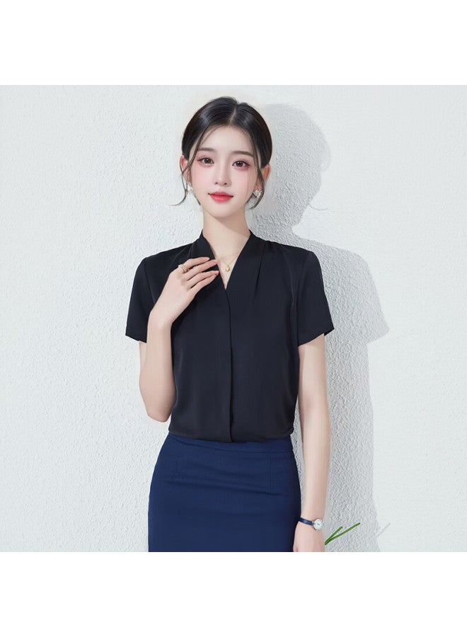 Teluoman Black Chiffon Short-sleeve Blouse For Women, Summer V-neck Professional Attire, Elegant Teaching Certification Outfit, Formal Interview Ol Shirt - Image 4