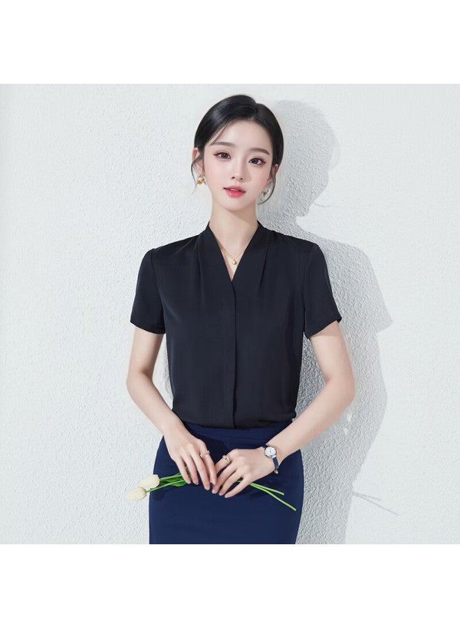 Teluoman Black Chiffon Short-sleeve Blouse For Women, Summer V-neck Professional Attire, Elegant Teaching Certification Outfit, Formal Interview Ol Shirt - Image 3