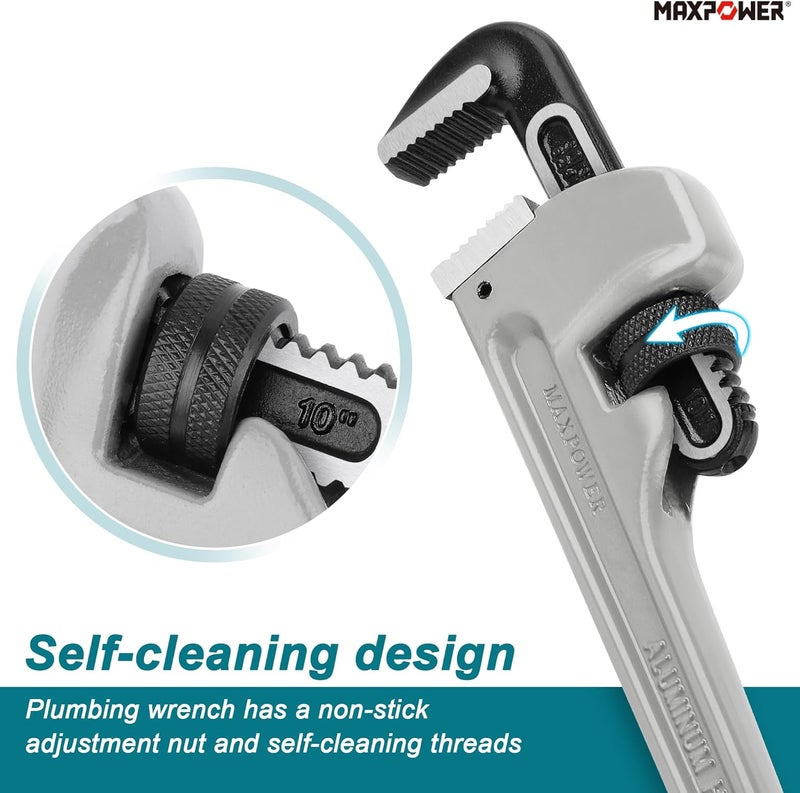 Max Power Pipe Wrench 10-Inch, 40% Lighter Aluminum Adjustable Plumbing Wrench - Image 5