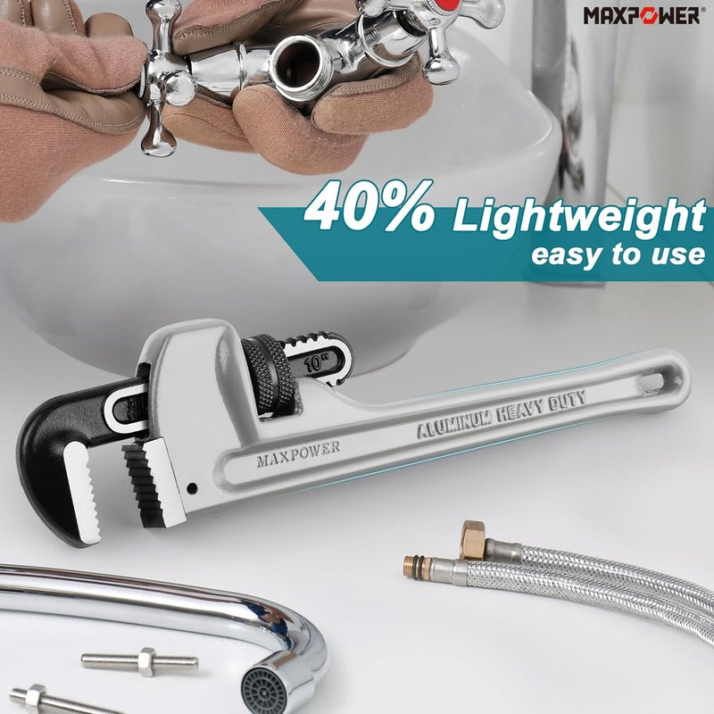 Max Power Pipe Wrench 10-Inch, 40% Lighter Aluminum Adjustable Plumbing Wrench - Image 3