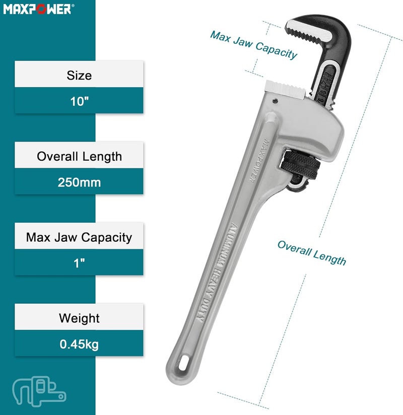 Max Power Pipe Wrench 10-Inch, 40% Lighter Aluminum Adjustable Plumbing Wrench - Image 2