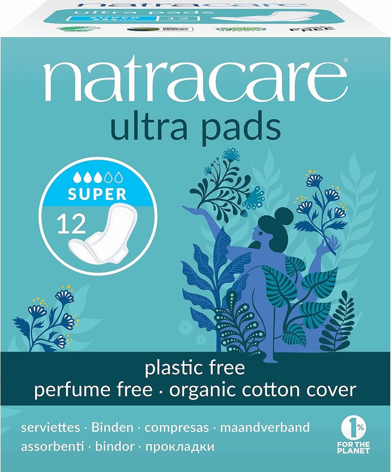 Natracare Slim Fitting Ultra Pads with Wings, Super, Made with Certified Organic Cotton, Ecologically Certified Cellulose Pulp and Plant Starch (12 Pack, 144 Pads Total)