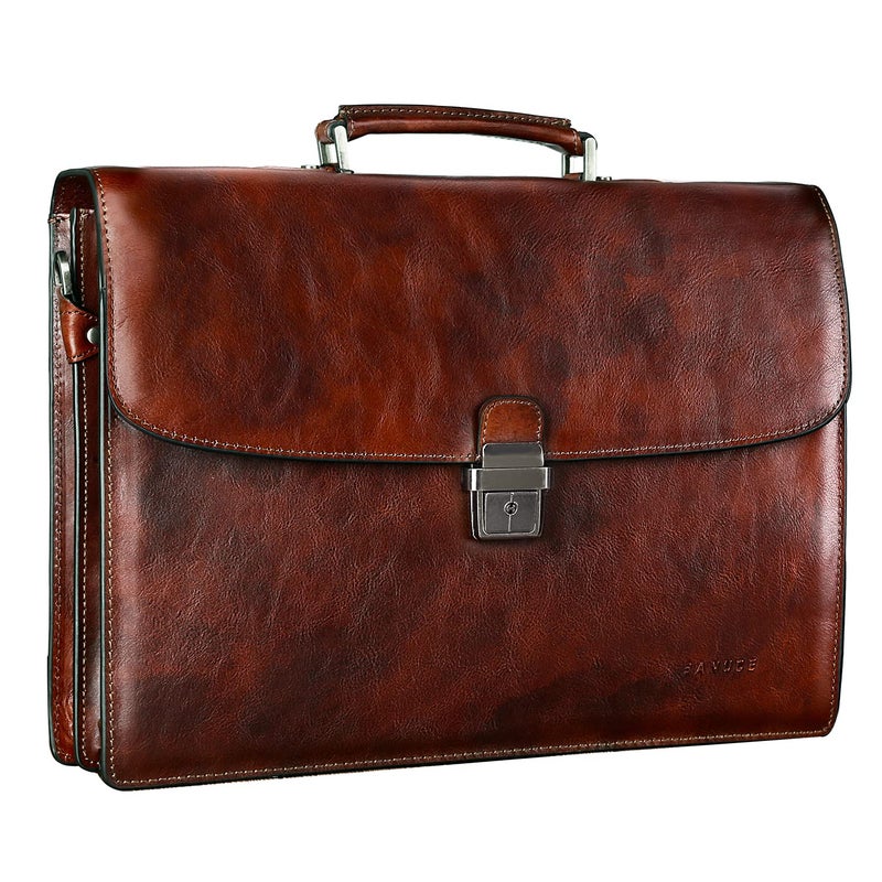 Banuce Vintage Full Grain Italian Leather Briefcase for Men 156 Inch Lawyer Briefcase with Lock Legal Attorney Bag with Luggage Strap Gradient Brown