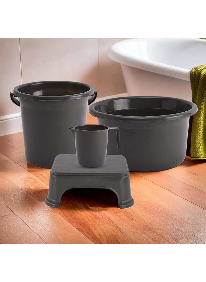 Kuber Industries Kuber Industries Set of 4 Bathroom Combo Set | Tub-Bucket-Mug & Stool Combo Set for Bathroom | Bathing Set | Bathware Set | Modern Bathroom Accessories Set | Gray  - Image 1