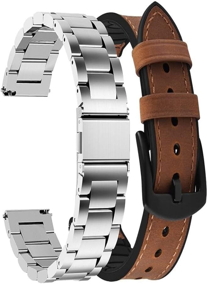 Next Next Store 2 Pack Compatible with Huawei Watch GT3/GT246mm / Huawei Watch 4 22mm Stainless Steel Metal Strap Leather Surface Strap Silicone Lining Replacement Band Strap 