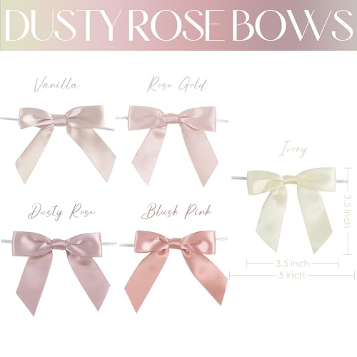 AIMUDI 5 Colors Dusty Rose Twist Tie Bows 3.5" Premade Satin Ribbon Bows for Gift Wrapping Pre-Tied Rose Pink Bows for Crafts, Wedding Decor, Baby Shower, Birthday, Bridal Shower Favors - 50 Counts - Image 2