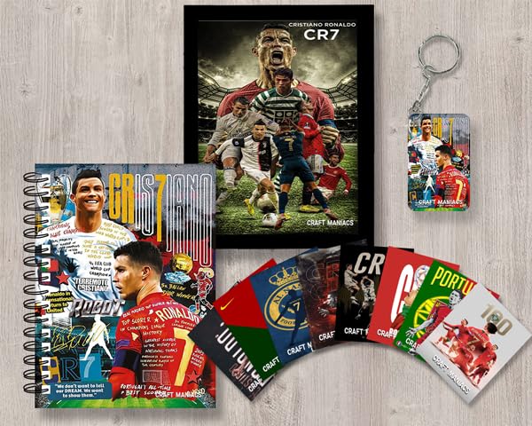 CRAFT MANIACS Cristiano Ronaldo Many Avatars Frame Gifting Combo One A5 Frame One Diary Set of 8 Lomo Cards Free Matching Wooden Keychain Best Gift for CR7 Lovers - Image 1