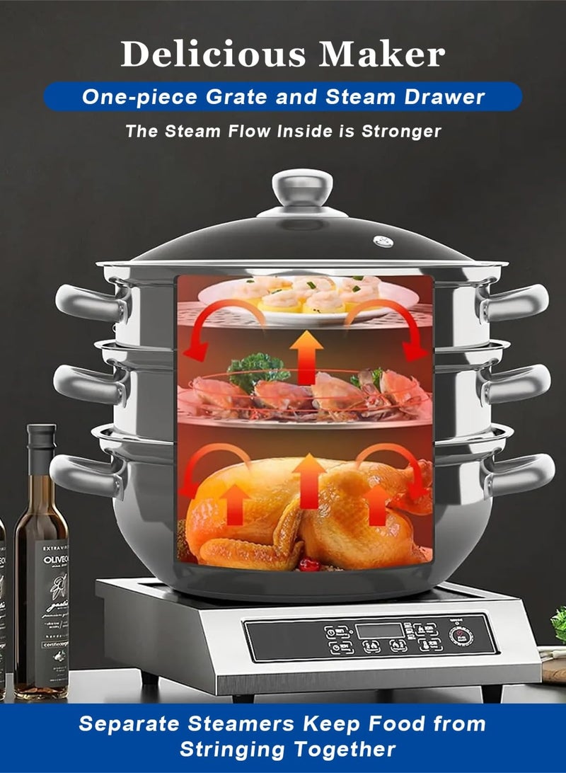 Steam Pot,3-Tier Steamer With Lid Stepped Steamer And Twin Handles,Stainless Steel Stockpot,Multifunction Large Soup Pot Cooking Pot For Living Kitchen Food Cooking,28X28CM Rice Steamer - Image 2