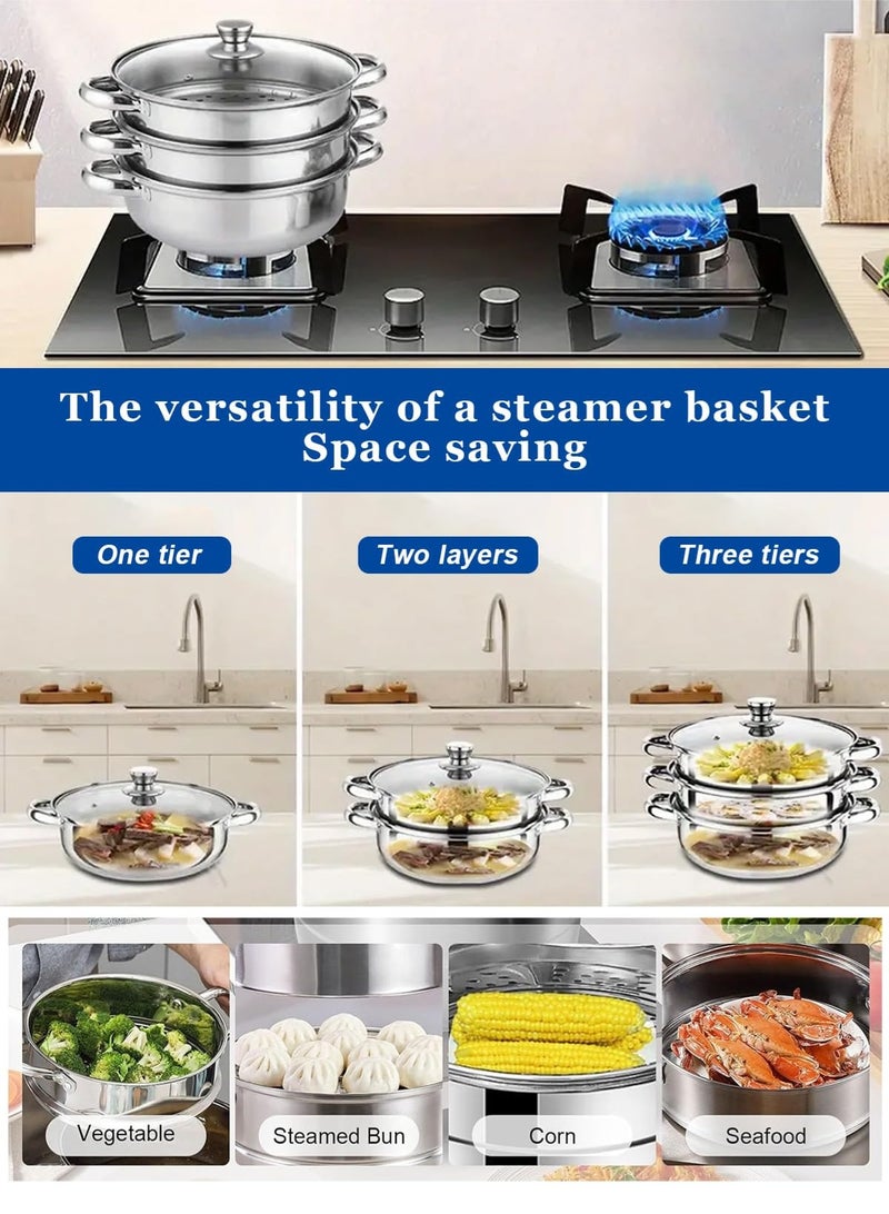 Steam Pot,3-Tier Steamer With Lid Stepped Steamer And Twin Handles,Stainless Steel Stockpot,Multifunction Large Soup Pot Cooking Pot For Living Kitchen Food Cooking,28X28CM Rice Steamer - Image 5