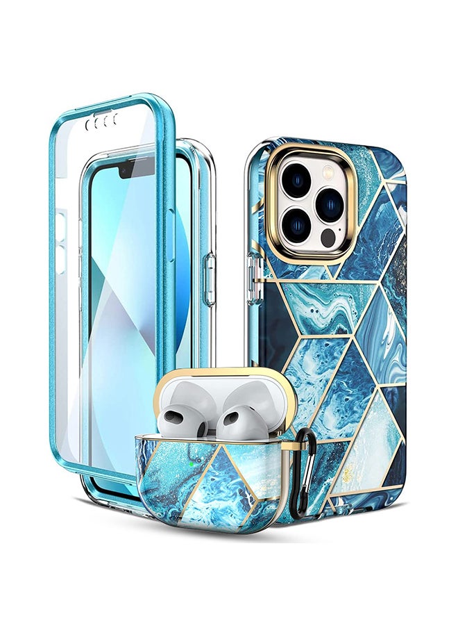 O Ozone Marble Bundle for iPhone 13 Pro Case + Air Pods 3rd Generation Case Full-Body Smooth Gloss Finish Marble Shockproof Bumper Stylish Cover (Blue)  - Image 1
