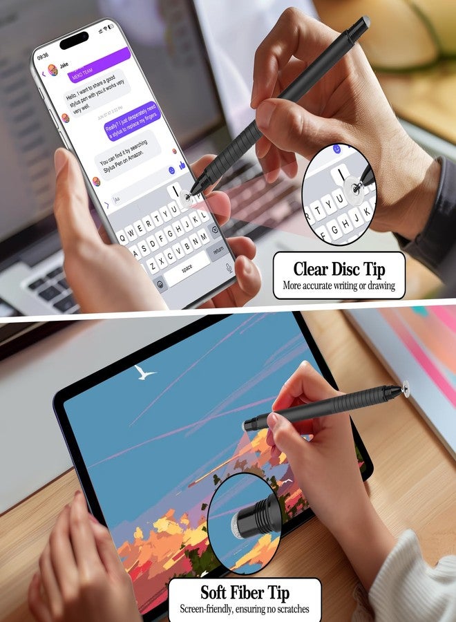 DIGIROOT قلم ديجيرووت العالمي، [2 في 1] أقلام قلم قرص لجميع شاشات اللمس للهواتف المحمولة، آيباد، أجهزة التابلت، اللابتوبات مع 6 رؤوس بديلة (4 أقراص، 2 رأس ألياف متضمنة) - (أسود) - Image 4
