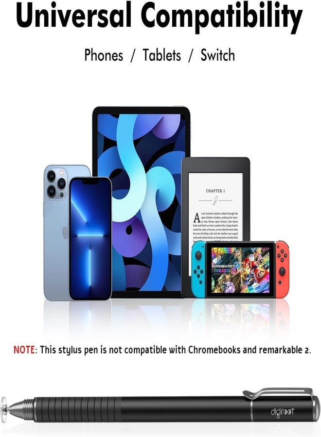 DIGIROOT قلم ديجيرووت العالمي، [2 في 1] أقلام قلم قرص لجميع شاشات اللمس للهواتف المحمولة، آيباد، أجهزة التابلت، اللابتوبات مع 6 رؤوس بديلة (4 أقراص، 2 رأس ألياف متضمنة) - (أسود) - Image 2