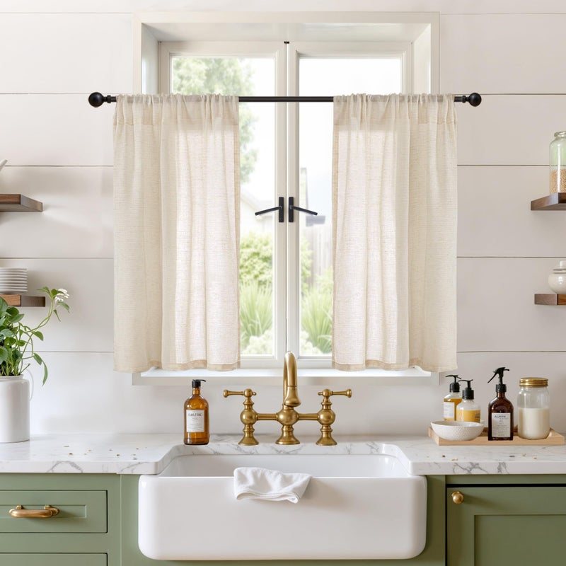 BGment Short Natural Linen Curtains 36 Inch Length for Windows, Small Sheer Drapes Lightweight Rustic Textured for Bathroom Over Sink Cafe Decor Rod Pocket, 2 Panels Set, 24 Inch Wide - Image 1