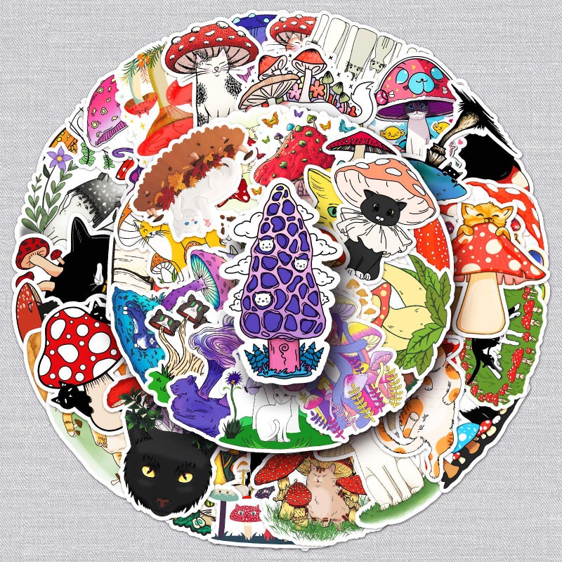 50 Cat Mushroom Graffiti Stickers Personalized Cartoon Animal Creative Decorative Mobile Phone Case Luggage Stickers - Image 2