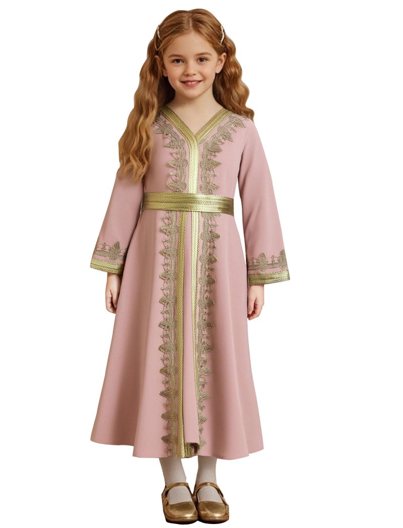 OBEEII Girls Muslim Ramadan Abaya Kids Long Sleeve V Neck Lace Prayer Dress Middle East Arabic Kaftan Dress with Belt Dubai Islamic Eid Church Robe Toddler Girl Muslim Clothes Pink 78 Years - Image 2