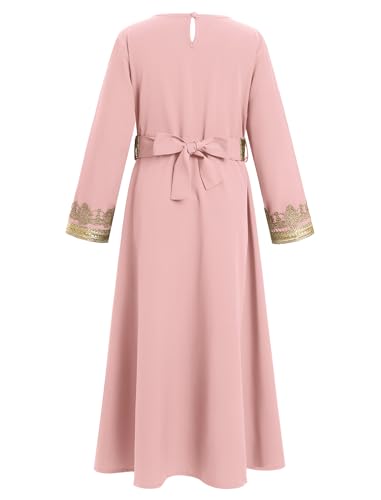 OBEEII Girls Muslim Ramadan Abaya Kids Long Sleeve V Neck Lace Prayer Dress Middle East Arabic Kaftan Dress with Belt Dubai Islamic Eid Church Robe Toddler Girl Muslim Clothes Pink 78 Years - Image 3