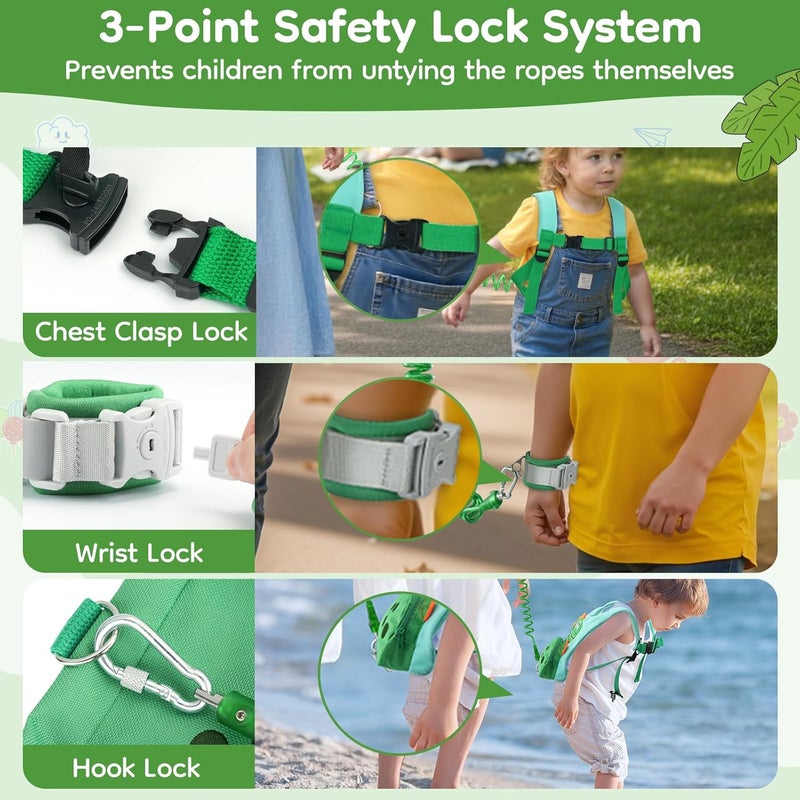 Dr.Meter 3 in 1 Toddler Harness Leash + 8.2ft Anti Lost Wrist Link, Cute Dinosaur Kids Safety Harness Tether with Key Lock, Child Protective Leashes While Walking for Outdoor Activity Keep Kids Close - Image 3