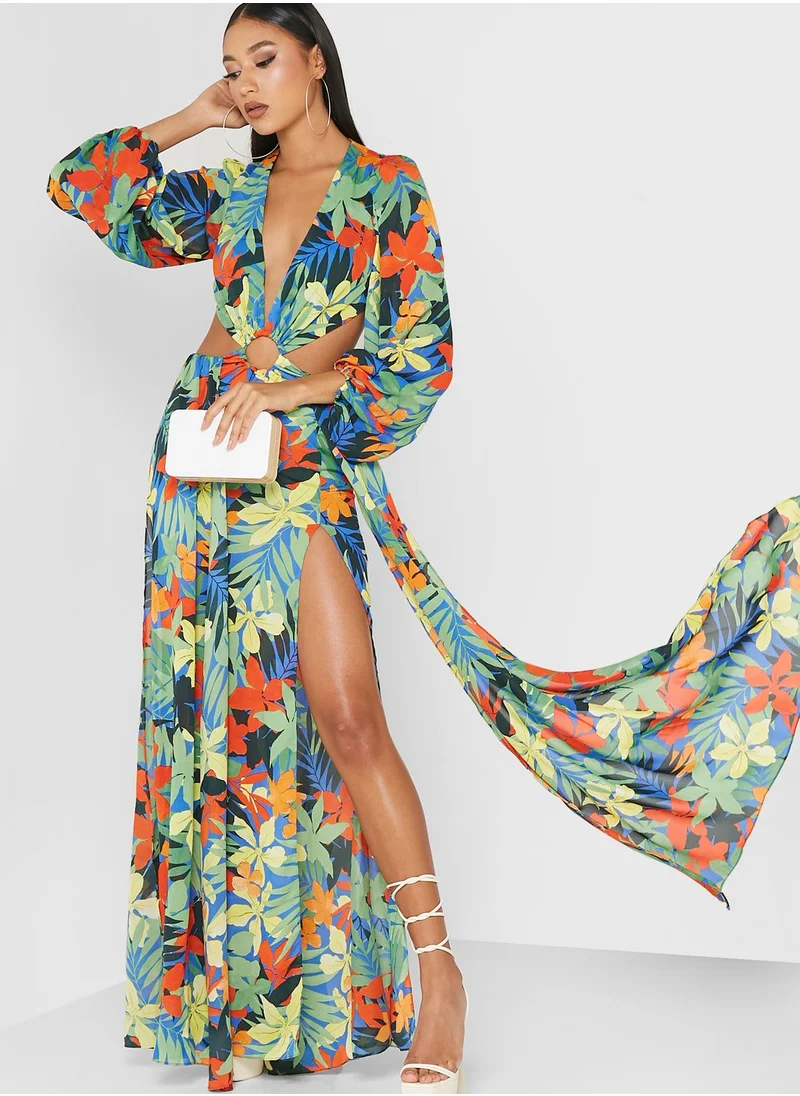 Yaura Plunge Neck Printed Side Split Dress