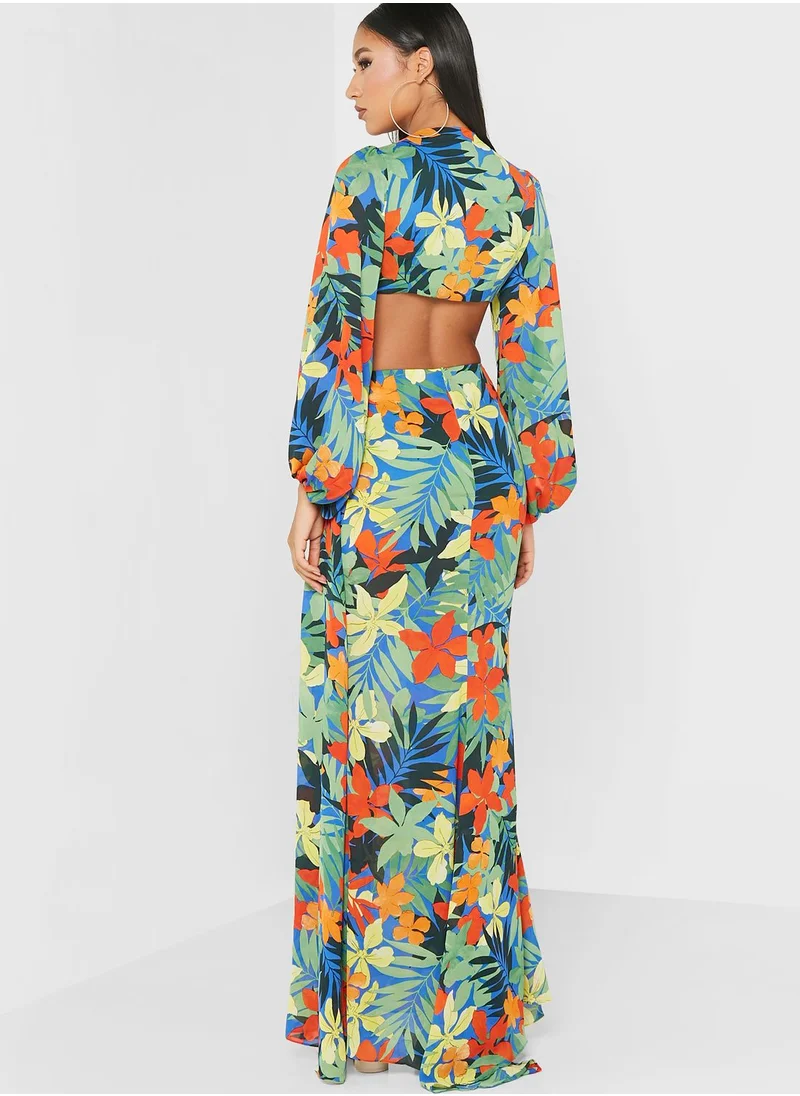 Yaura Plunge Neck Printed Side Split Dress