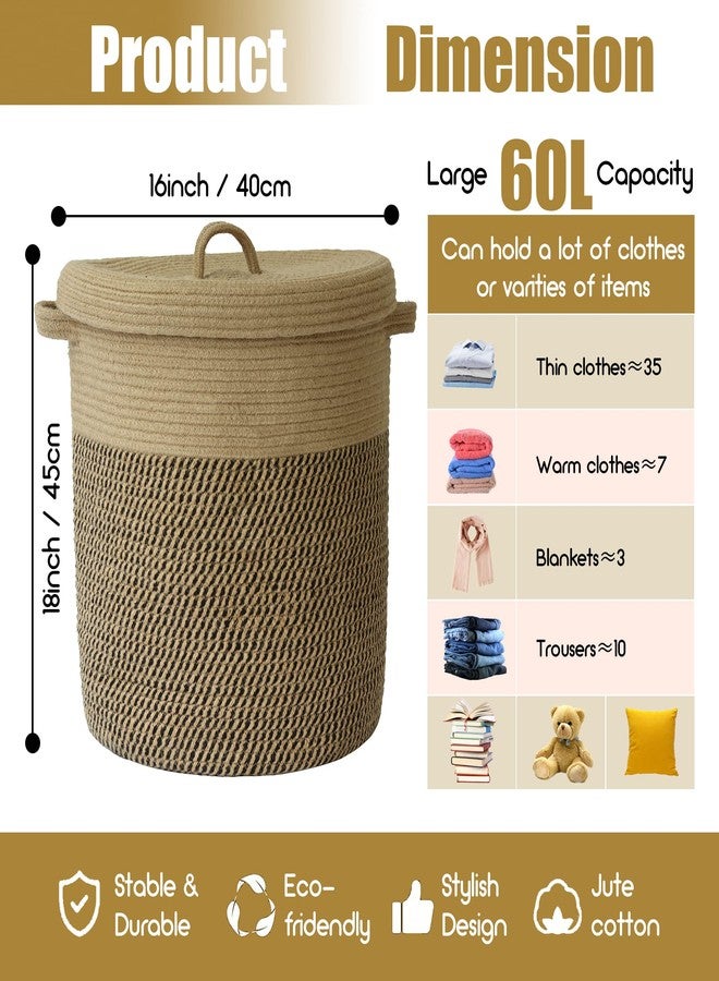 JIABOLANG Extra Large Storage Basket with Lid 60L, 16"Wx18"H Woven Laundry Hamper Basket with Handle, Jute Rope Wicker Basket Blankets Pillows Storage in Living Room Baby Nursery, Jute/Black Mix includes Lid - Image 3