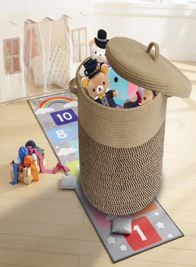 JIABOLANG Extra Large Storage Basket with Lid 60L, 16"Wx18"H Woven Laundry Hamper Basket with Handle, Jute Rope Wicker Basket Blankets Pillows Storage in Living Room Baby Nursery, Jute/Black Mix includes Lid - Image 2