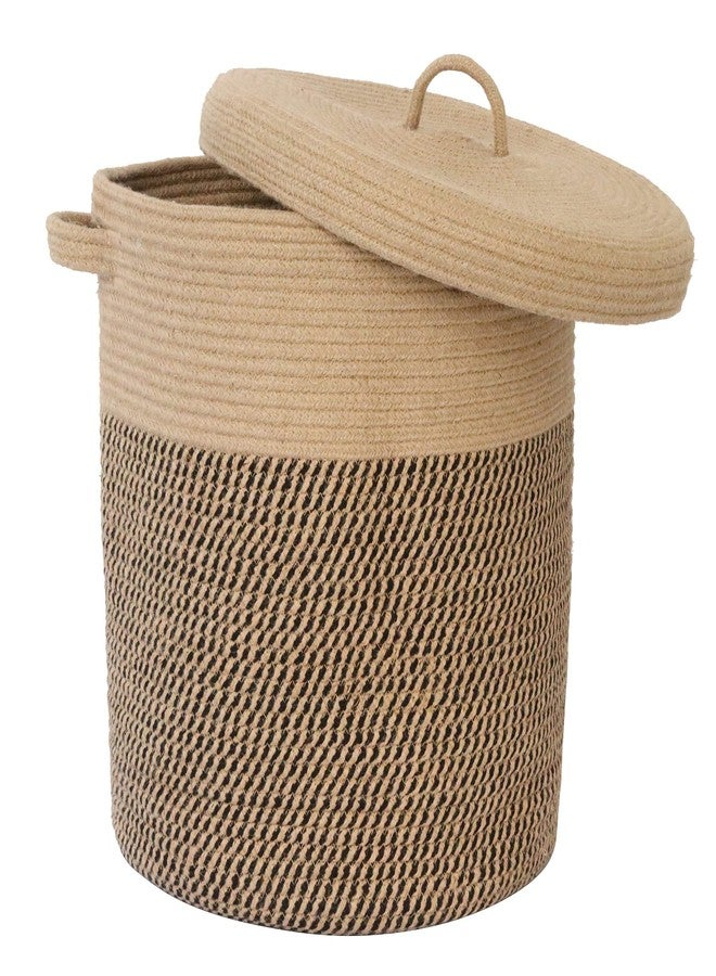 JIABOLANG Extra Large Storage Basket with Lid 60L, 16"Wx18"H Woven Laundry Hamper Basket with Handle, Jute Rope Wicker Basket Blankets Pillows Storage in Living Room Baby Nursery, Jute/Black Mix includes Lid - Image 1