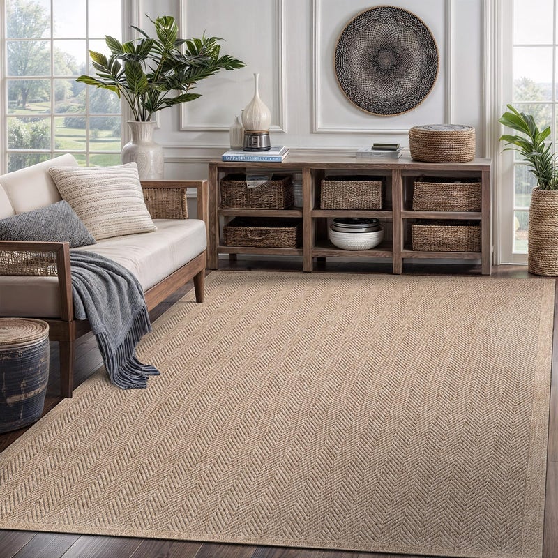 CAMILSON Easy Jute Rug 5x7, Indoor Outdoor Natural Color Fiber Area Rugs for Living Room Patio and Kitchen Rug Herringbone Seagrass Woven Design Easy-Cleaning Washable Outside Carpet Alfombras 5 x 7 - Image 1